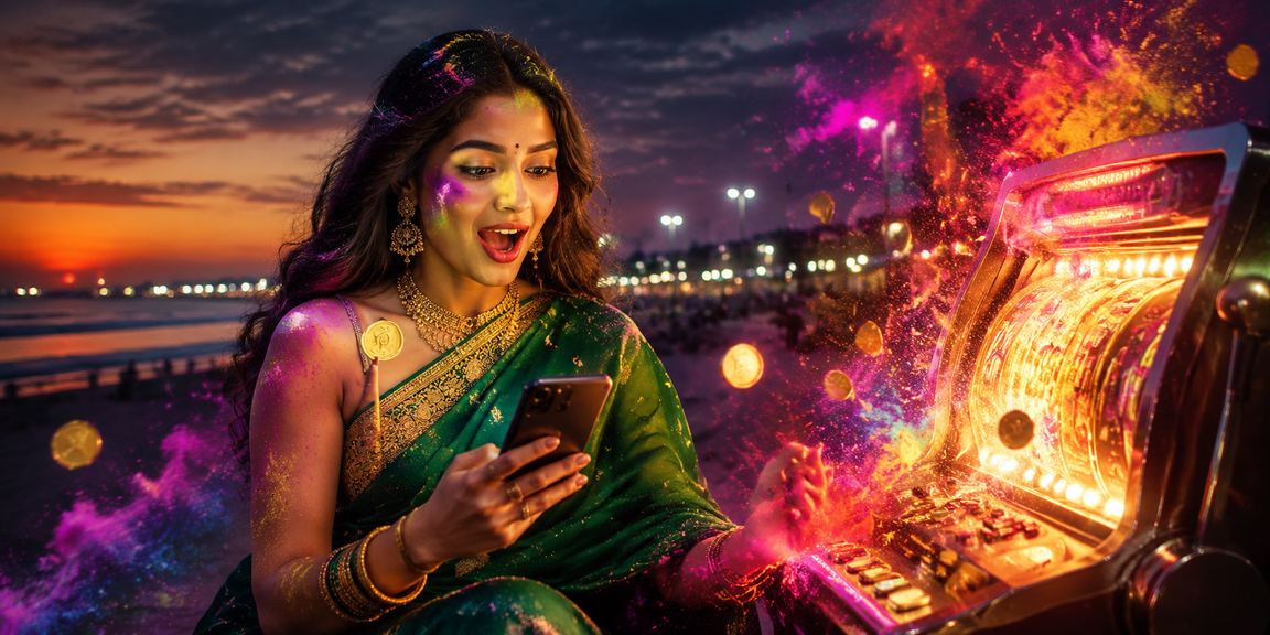 Chennai Marina Beach view with festive casino gaming imagery
